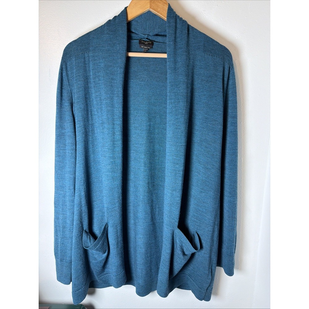 Talbots 100% Merino Wool Teal Blue Women's Cardigan Pockets Lightweight Sz 1X